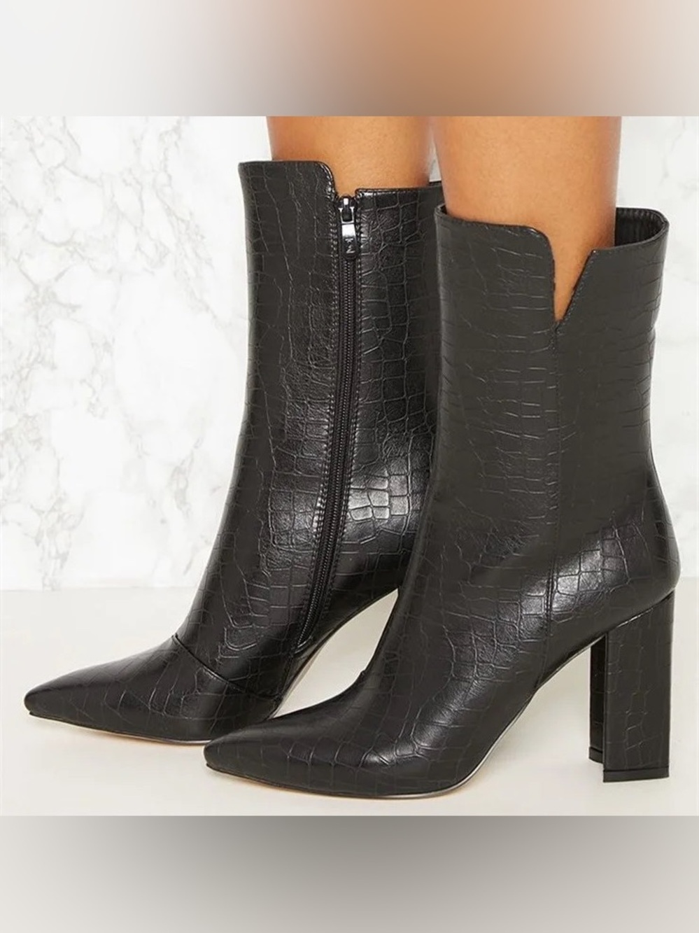 Croc-Embossed Black Pointed Toe Ankle Boots